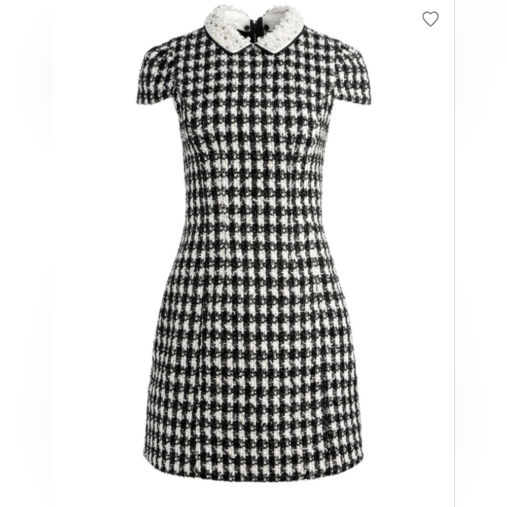 Alice + Olivia Velia Tweed Mini Dress Black Crystal Pearl Collar Size 10 - Picture 2 of 15